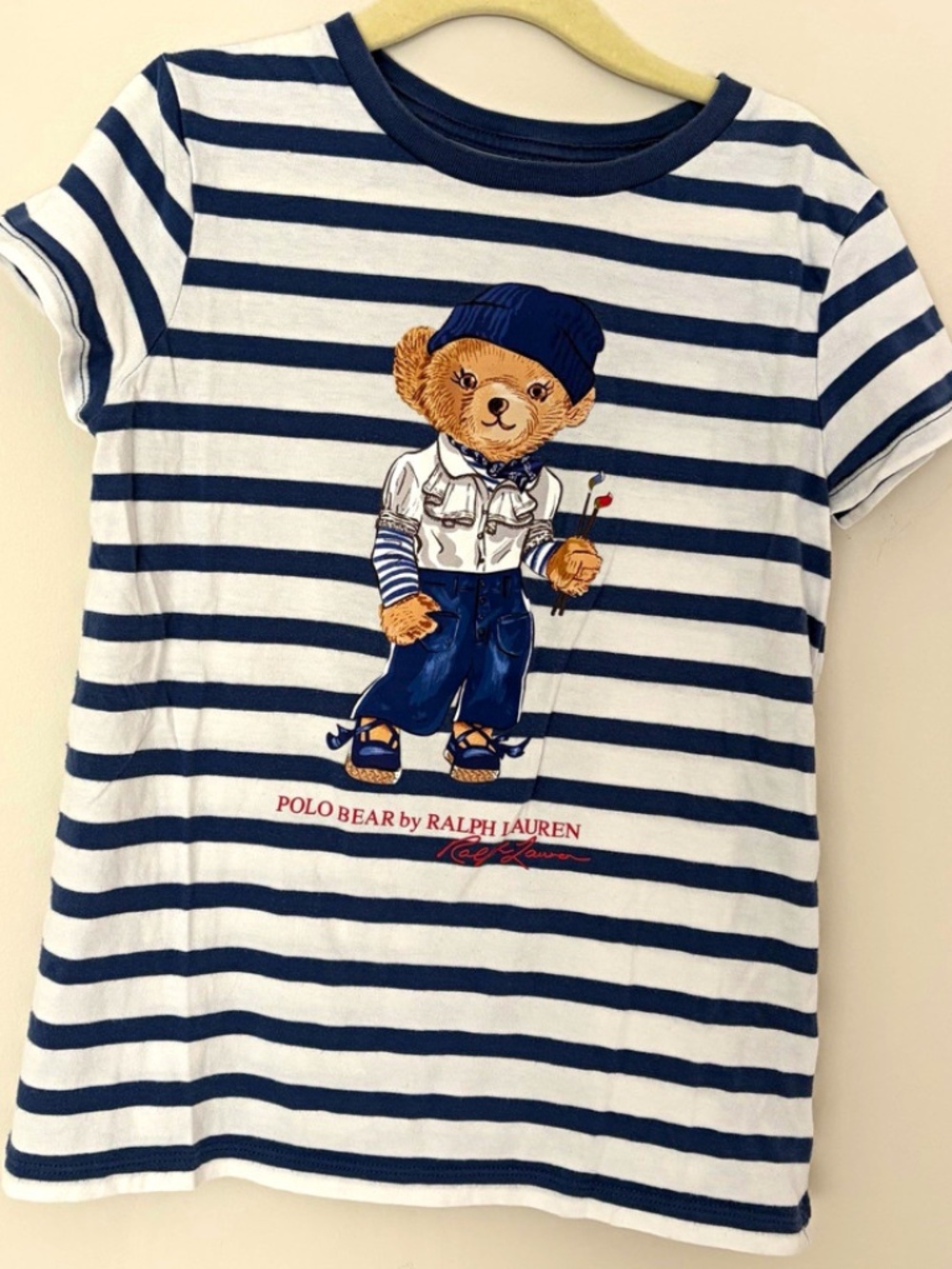 Ralph Lauren Size 8-10 Crew Neck Short Sleeve Striped Polo Art Bear Tee